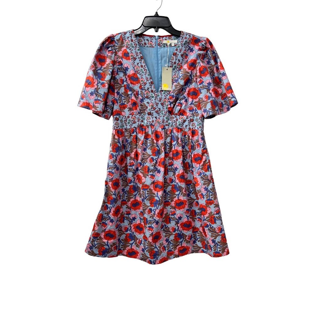 New Boden Size 6R V-Neck Contrast Detail Dress Dusty Blue, Terrace Bud Summer - Picture 3 of 15